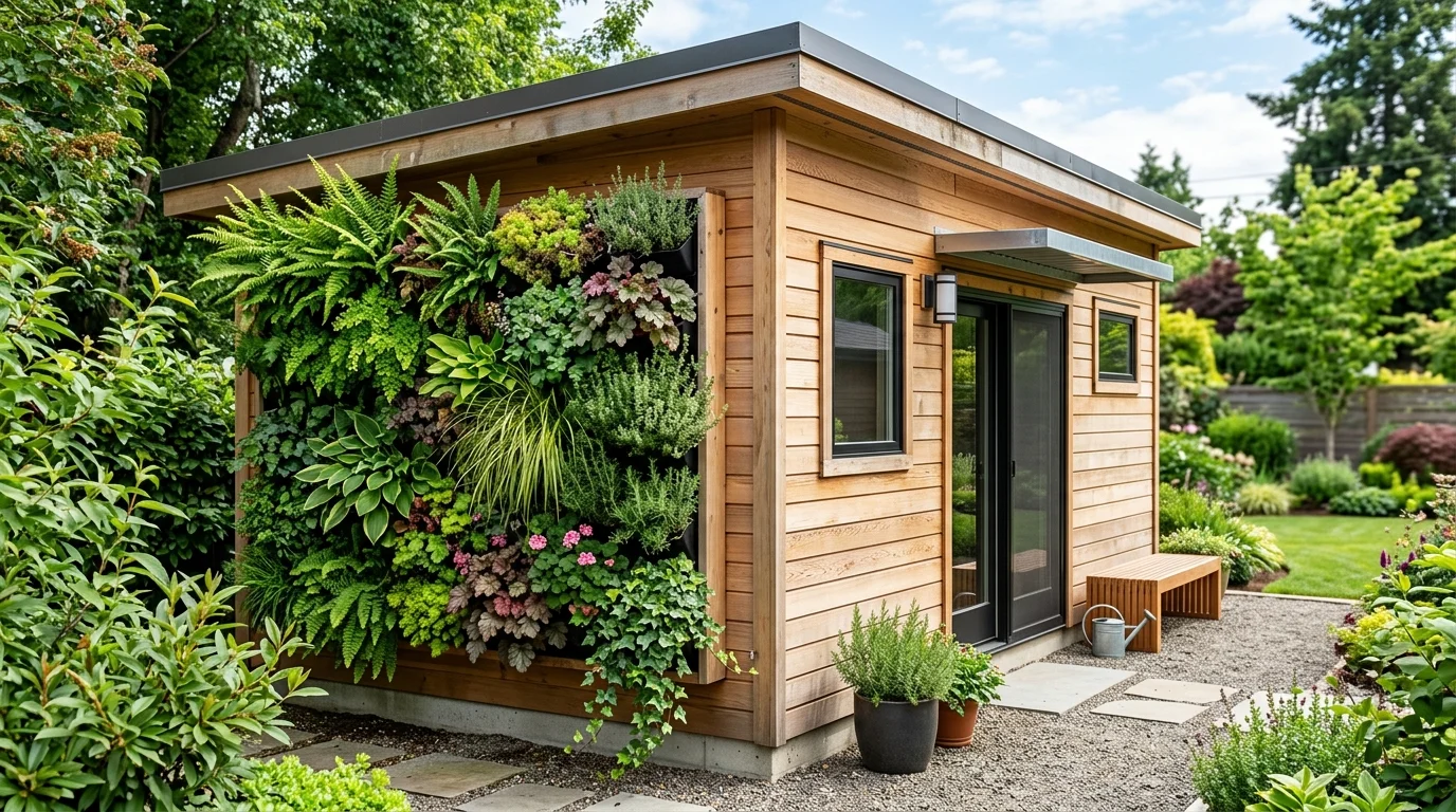 A modern shed with a vertical garden softening the structure with greenery.