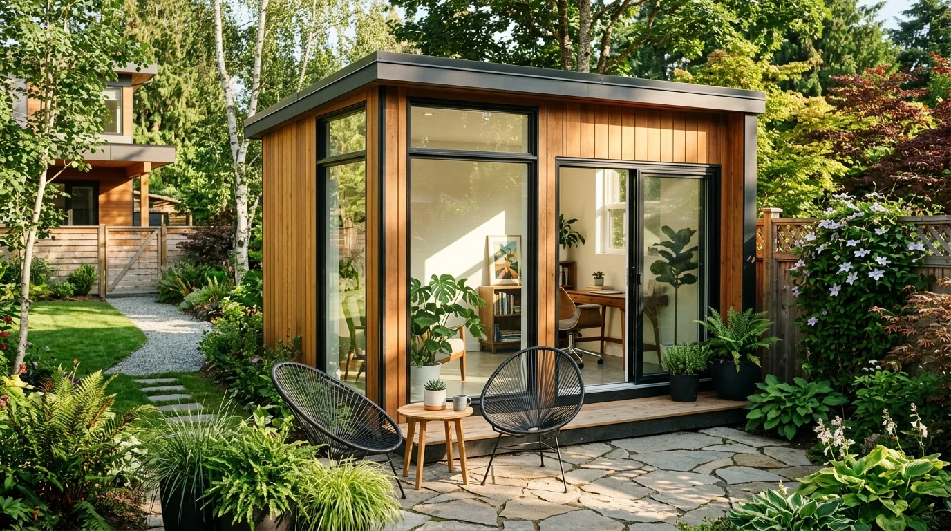 A modern shed with large windows creating a brighter more open look.