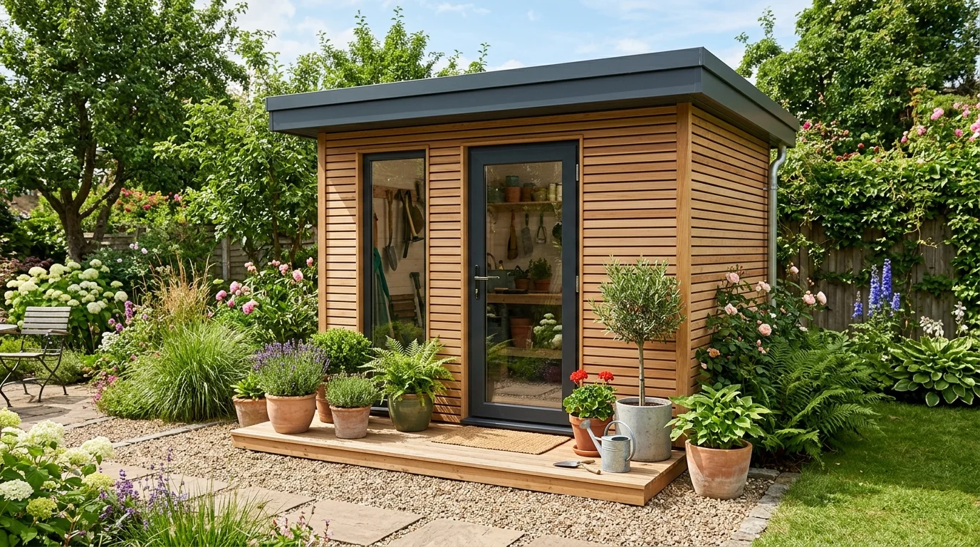 A small modern garden shed proving compact structures can still look elevated.