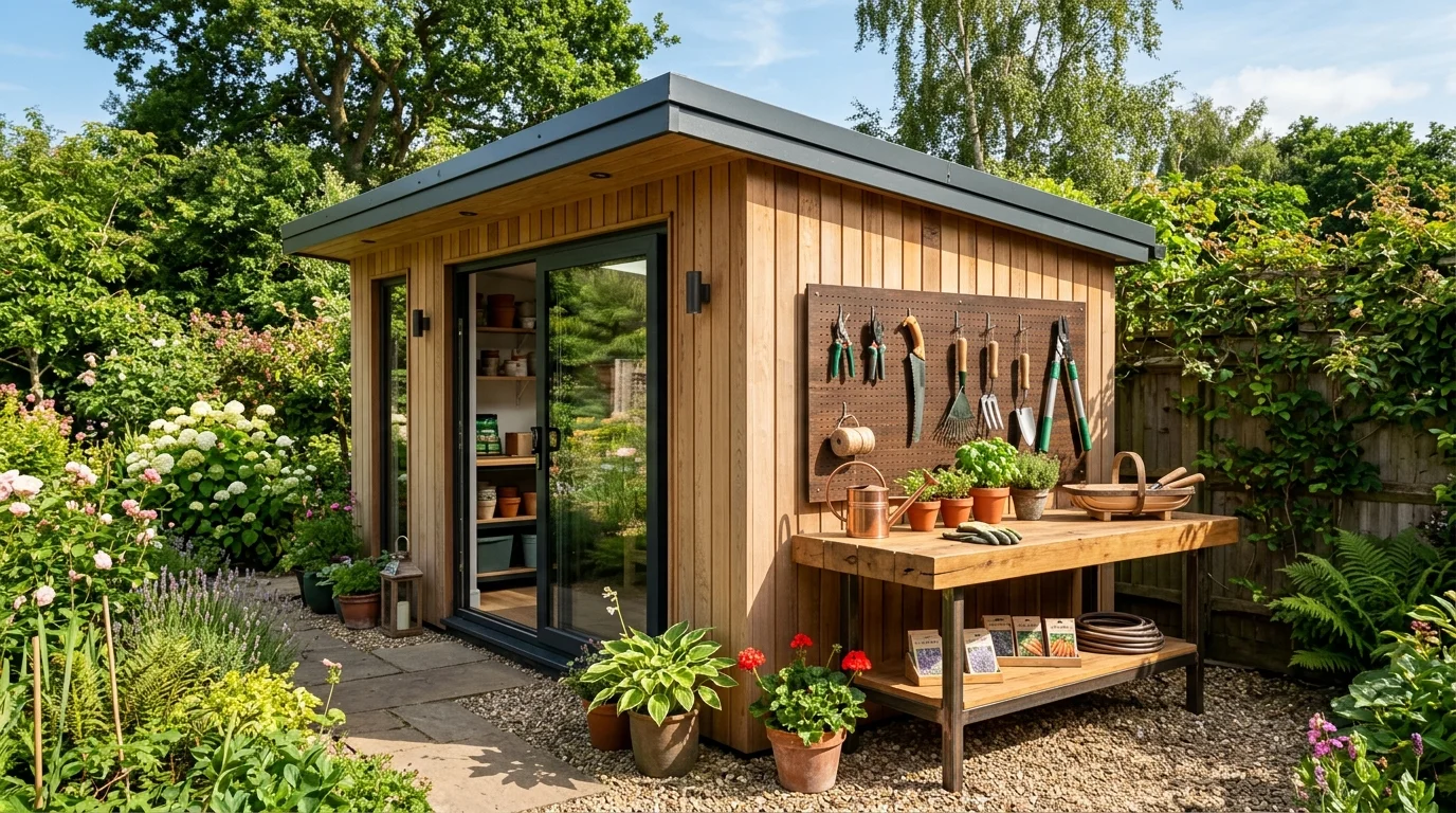 A shed with an outdoor workspace designed for practical backyard use.