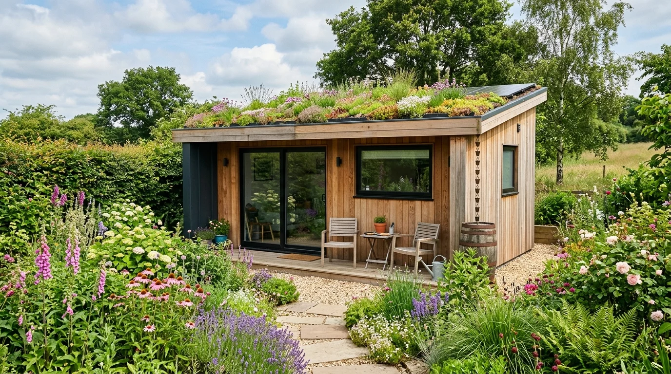 A modern shed with a green roof blending more naturally into the garden.