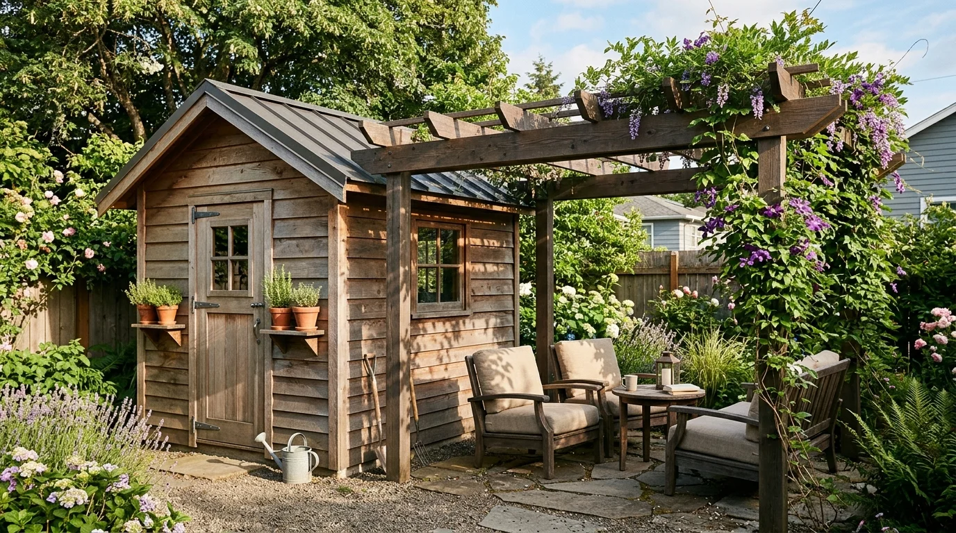 A modern shed with pergola extension creating a more complete backyard zone.