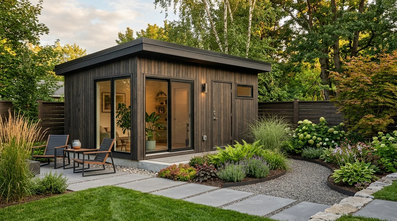 A dark wood contemporary shed adding depth and a refined modern look.