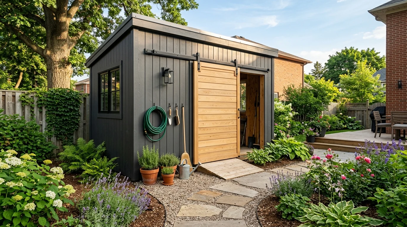 A shed with sliding barn door combining function and modern character.