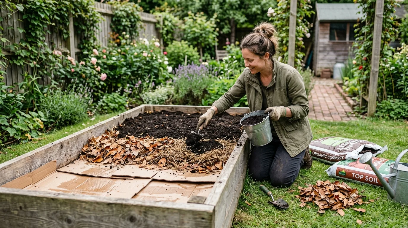 A no-dig garden bed built by layering organic matter for healthier soil.