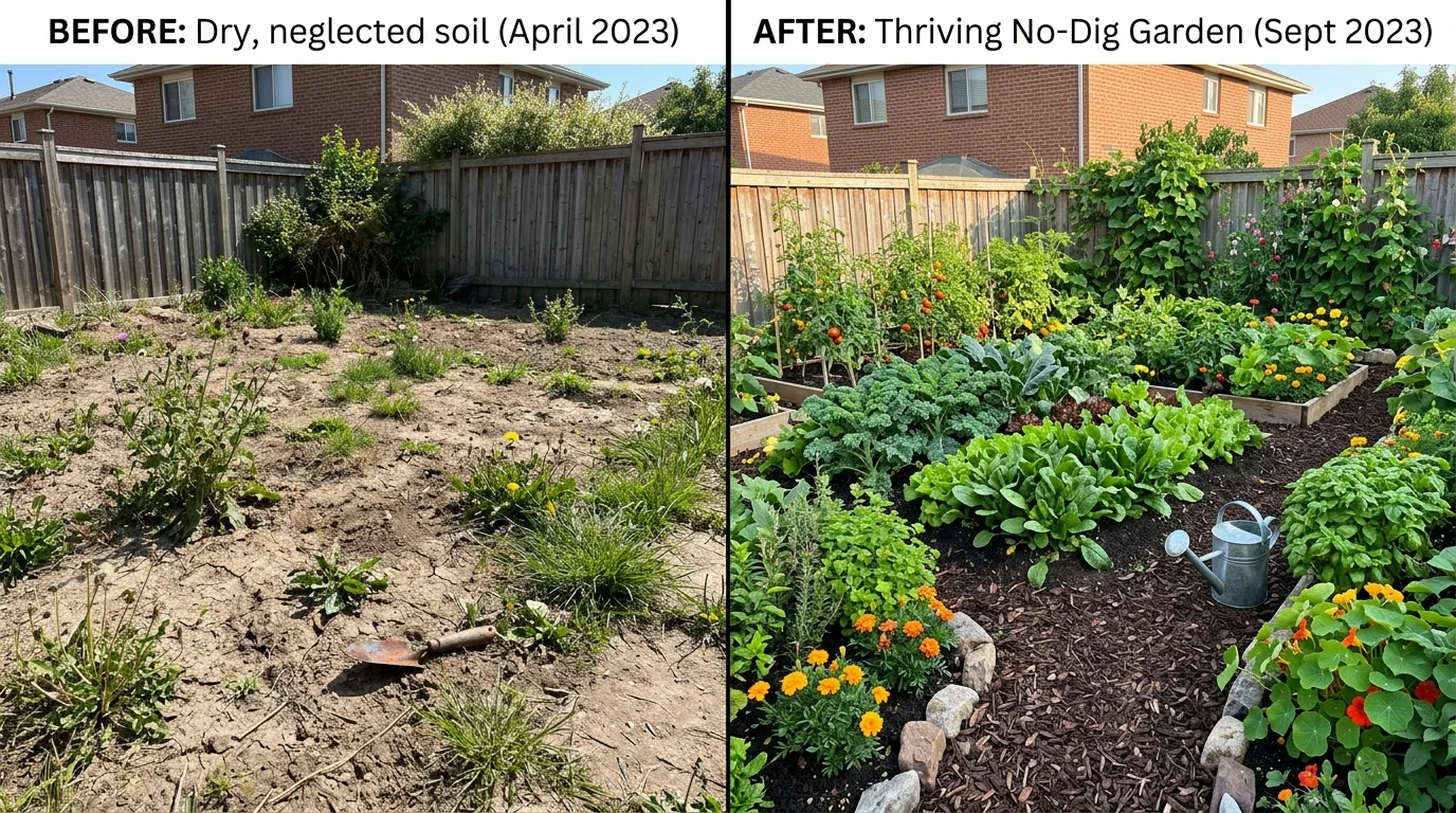 Before and after transformation of a no-dig garden bed.