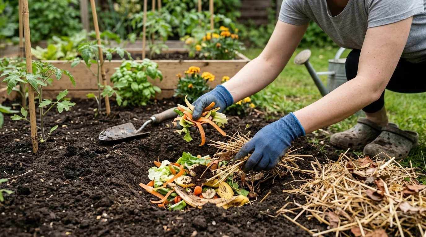 Kitchen scraps being added to support a healthy no-dig soil system.