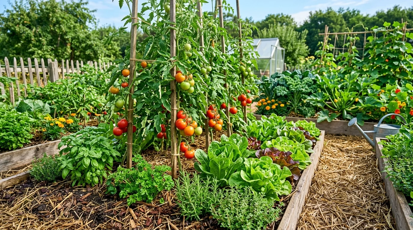 A thriving vegetable garden built using no-dig methods.