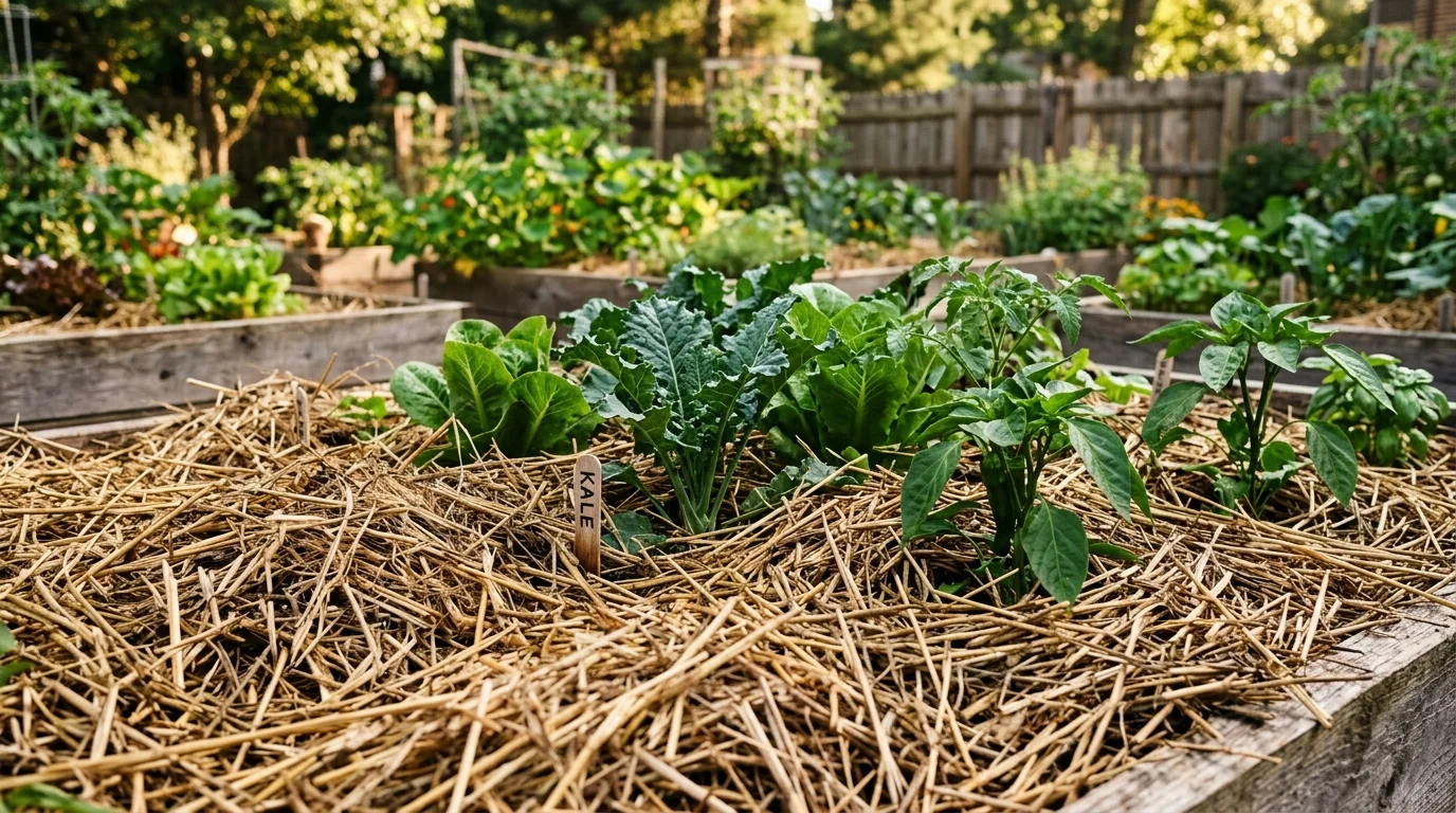 A no-dig garden bed mulched thickly to protect the soil.