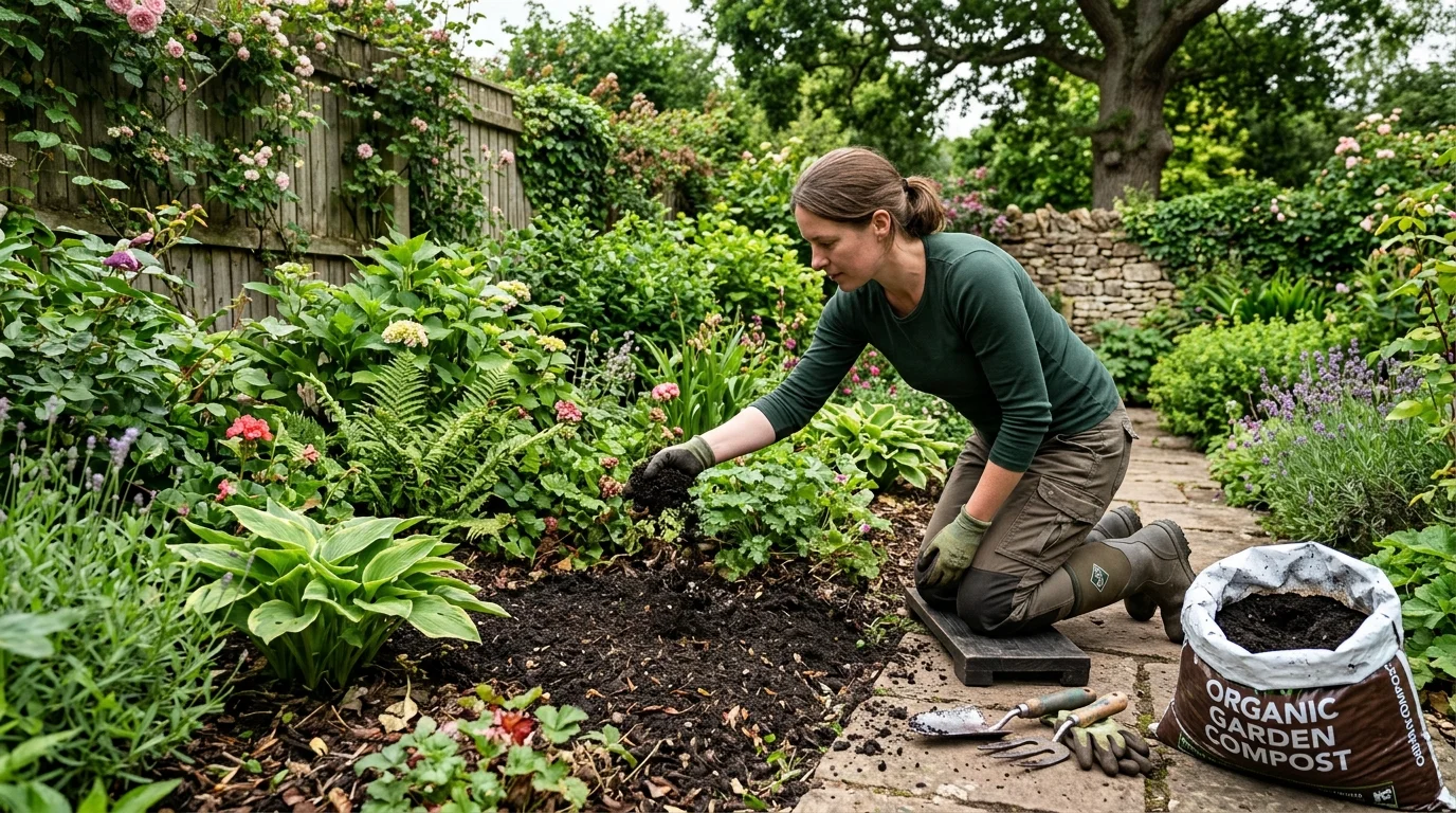 Compost top dressing being added to a no-dig garden bed.