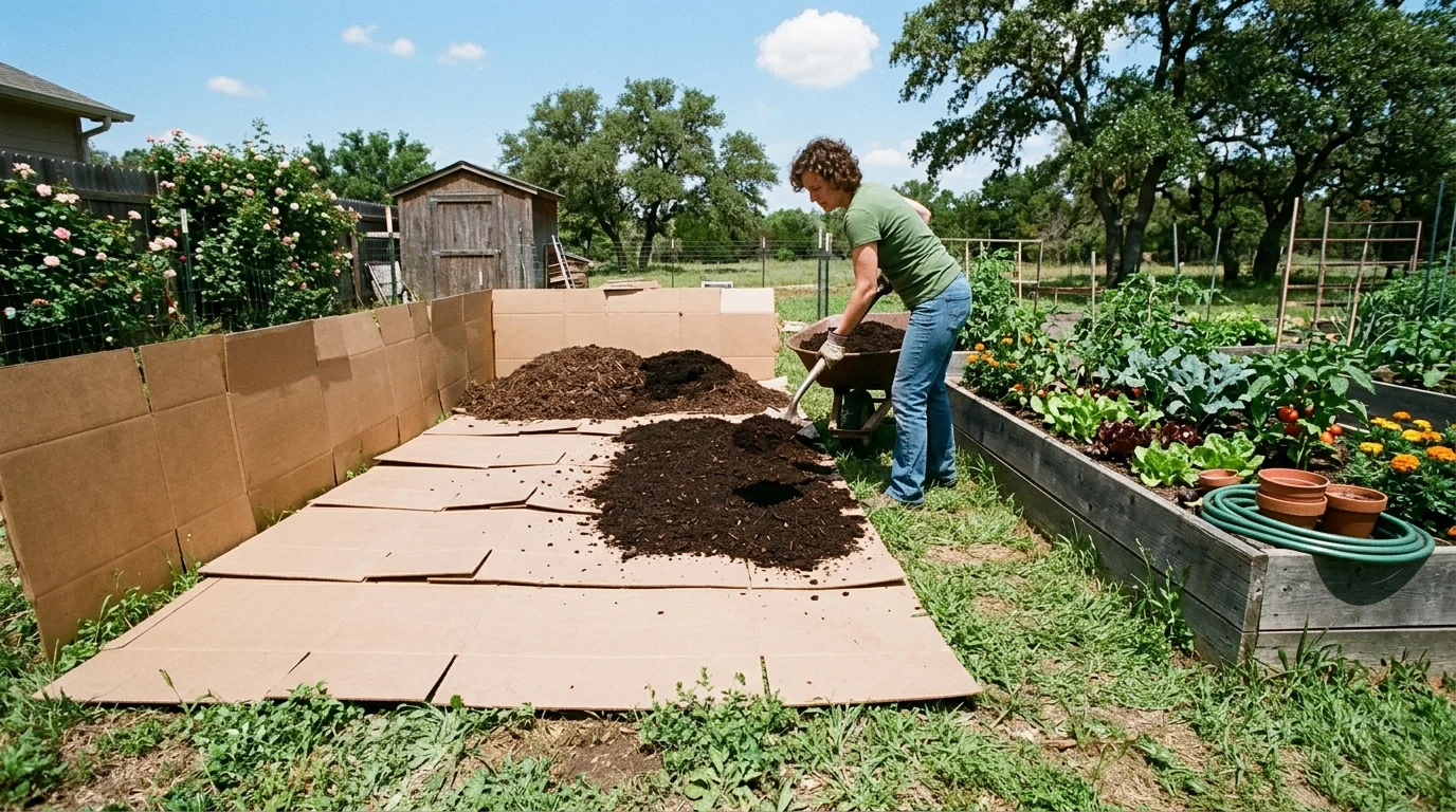 A cardboard weed barrier being used in a no-dig garden.