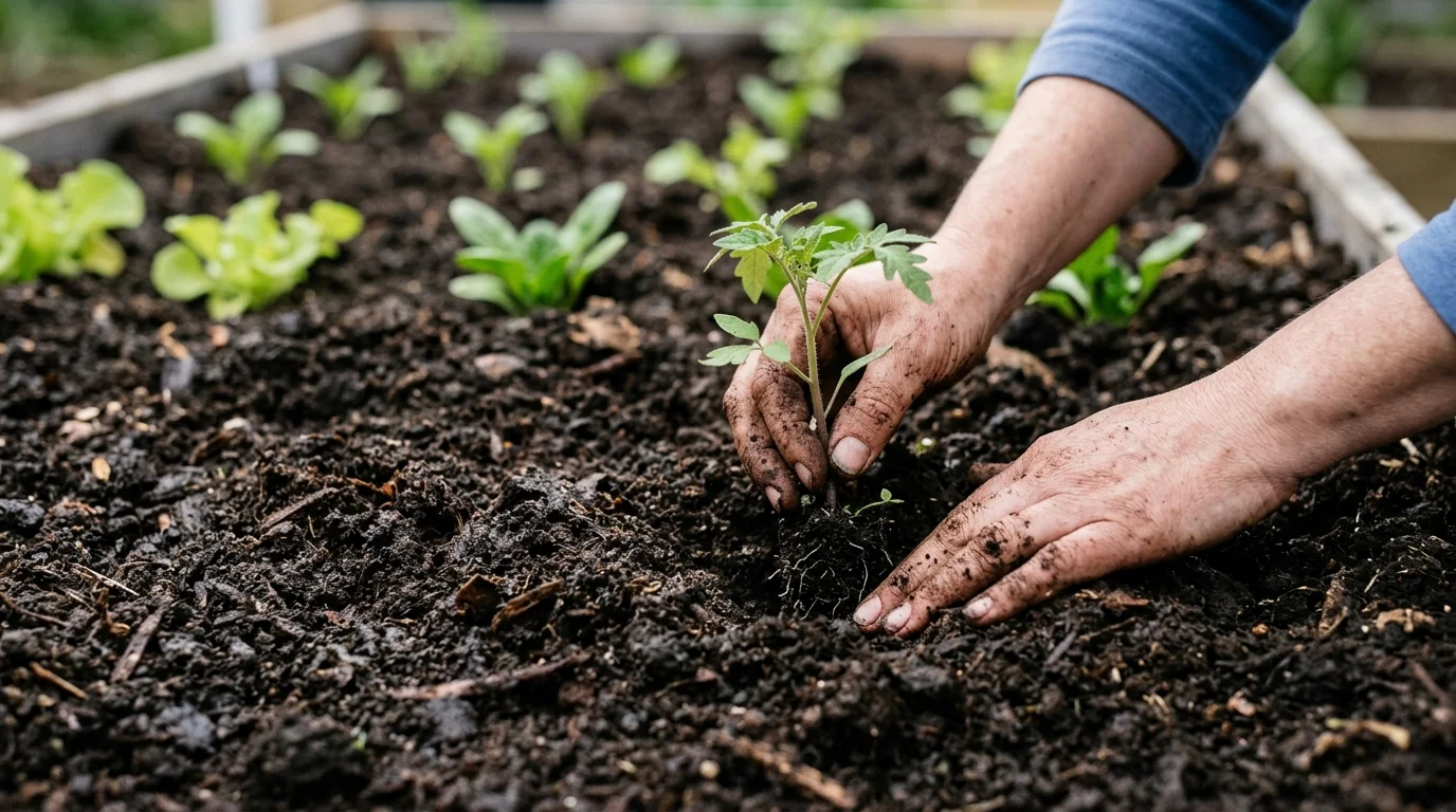 A no-dig bed planted directly into a compost-rich surface.