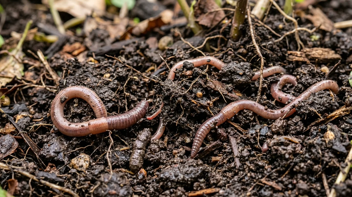 Worm-rich healthy soil in a thriving no-dig garden.