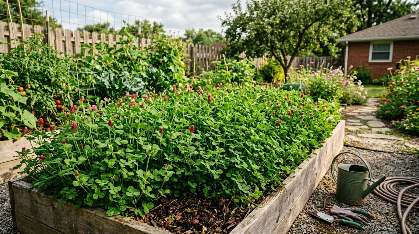 Green manure growing in a no-dig garden bed.