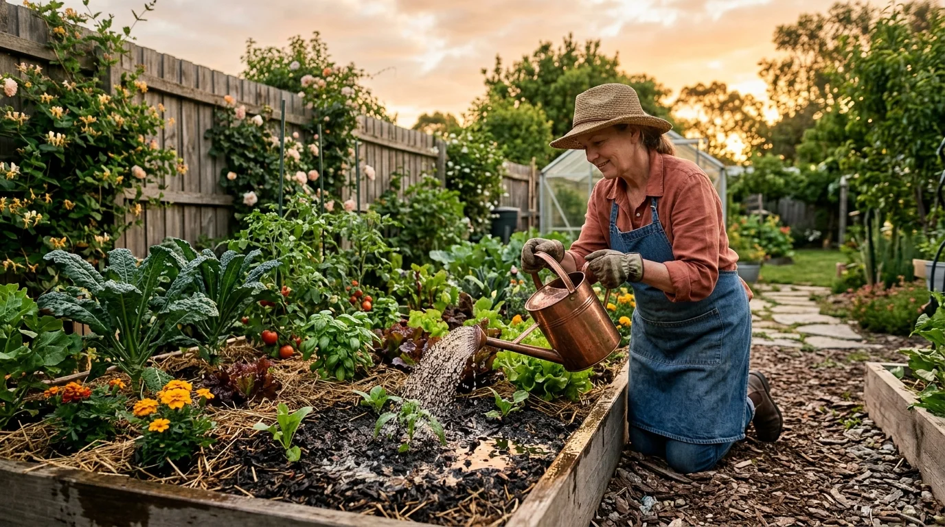 A no-dig garden being watered carefully to support healthy soil.