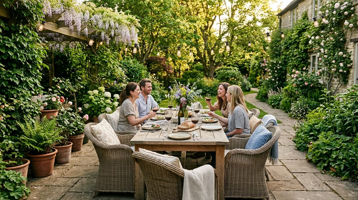 A cozy backyard dining setup styled for relaxed outdoor meals.