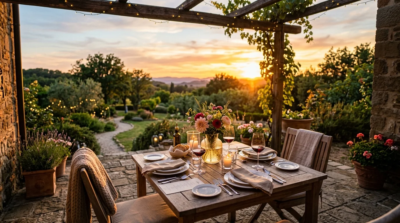 A sunset outdoor dining setup with warm evening atmosphere.
