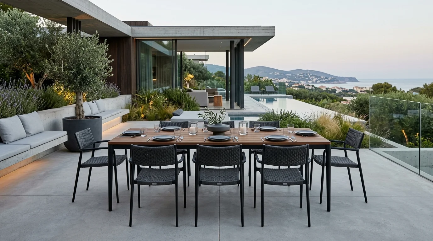 A minimalist modern outdoor dining space with clean lines and simple styling.