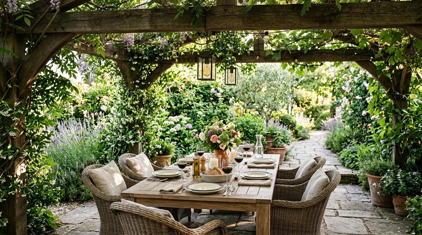 A garden dining area beautifully arranged under a pergola.