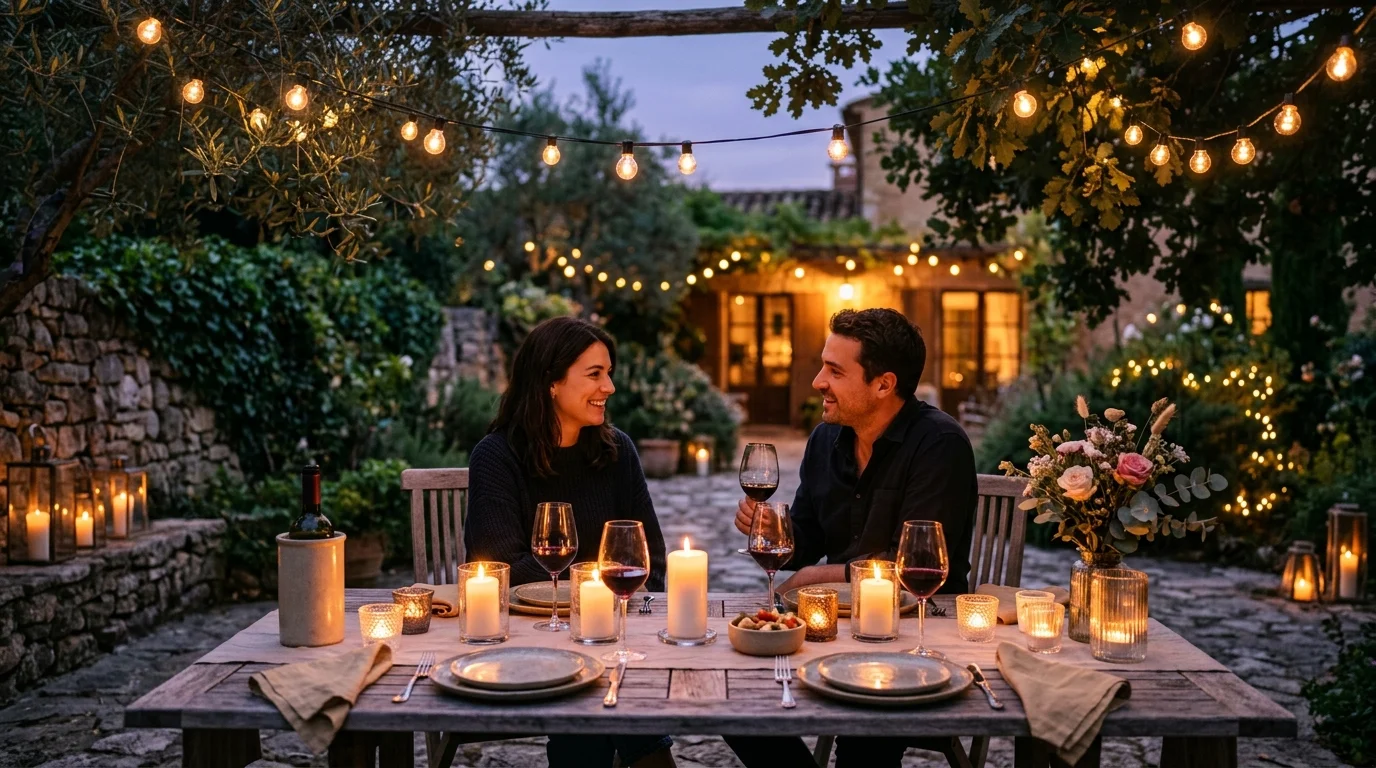 An evening candlelit outdoor dining setup with warm, inviting light.