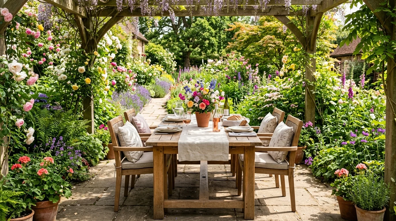 A floral garden dining space surrounded by lush planting.