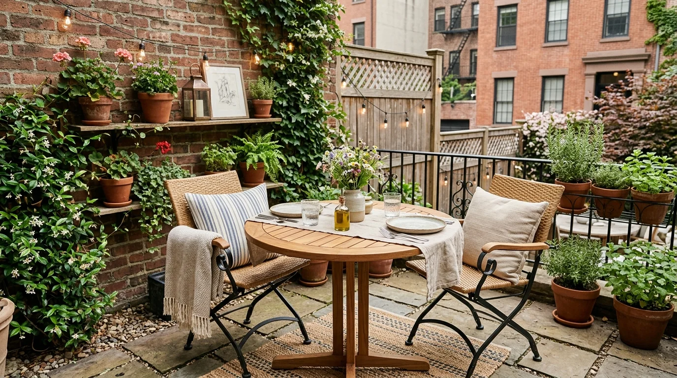 A small patio dining corner arranged for practical outdoor meals.