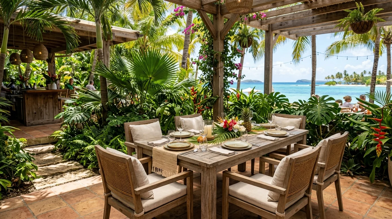 A tropical outdoor dining area surrounded by bold greenery.