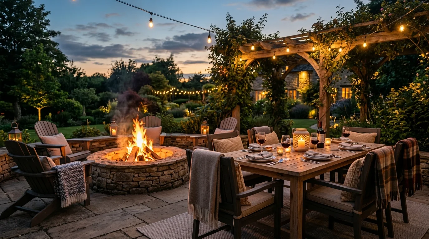 An outdoor dining area styled around a fire pit.