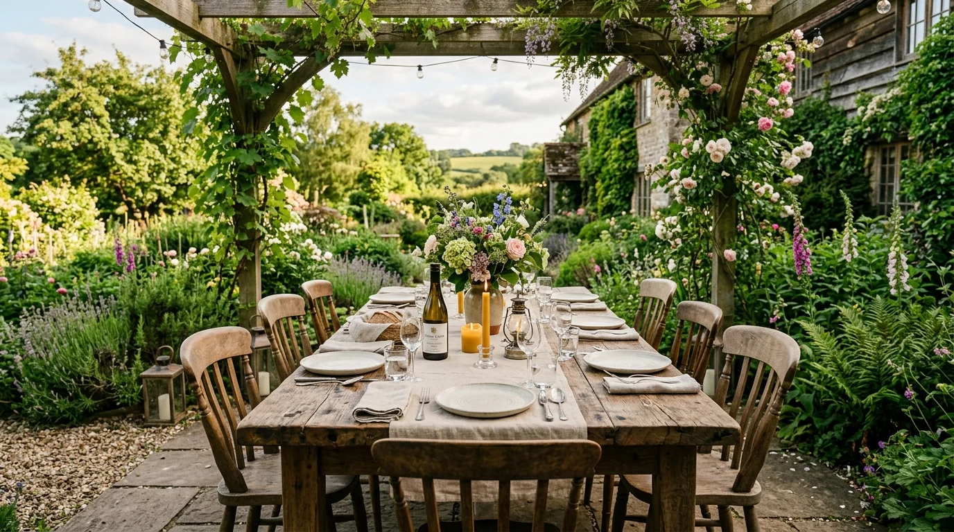 A rustic farmhouse outdoor table set for garden dining.