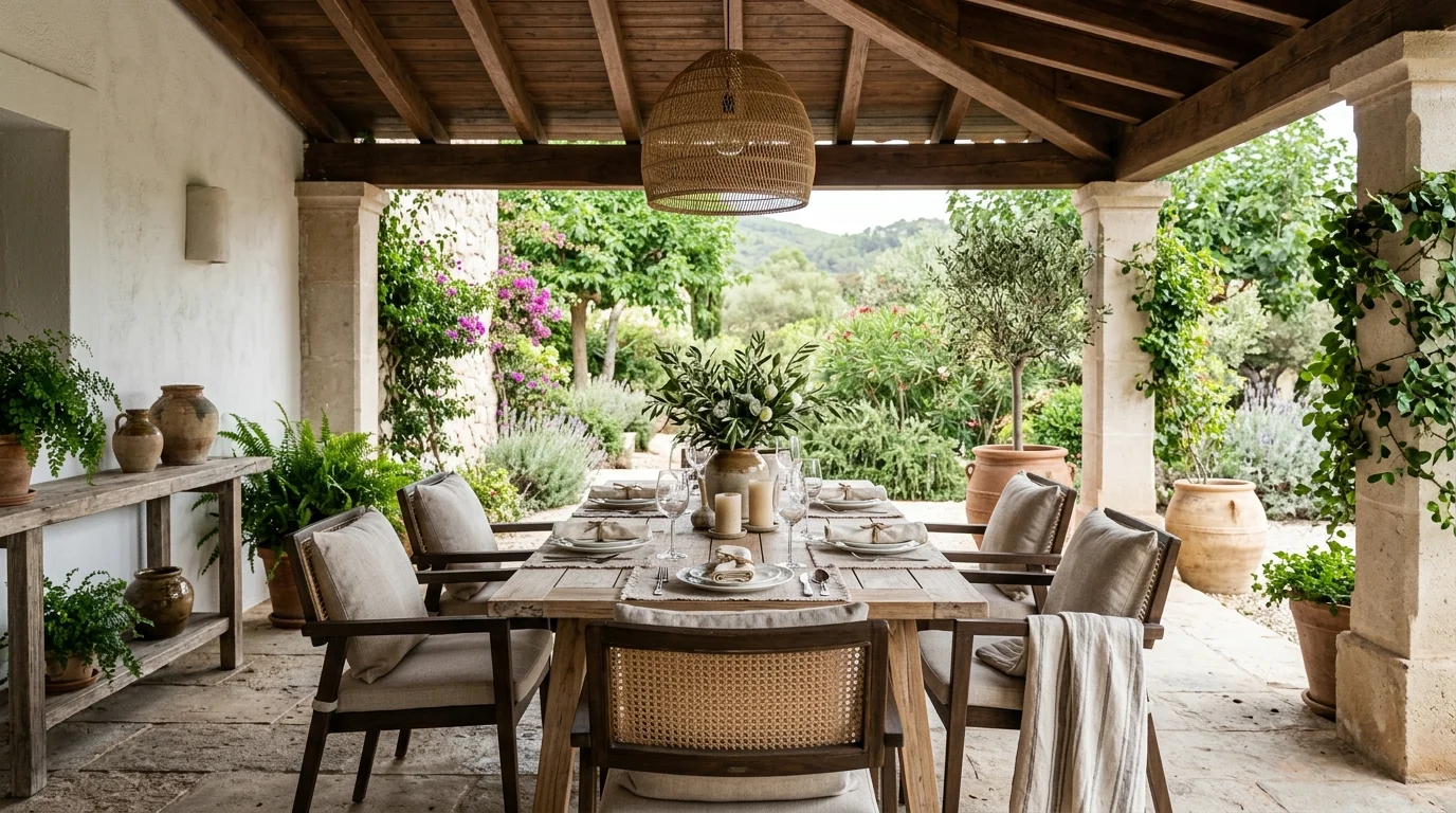 A covered veranda dining space designed for comfort and practical use.