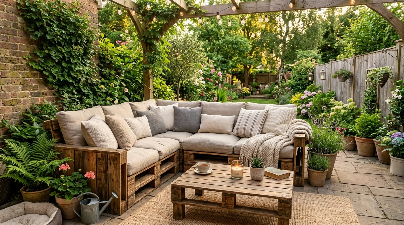 A pallet sofa patio setup creating a cozy outdoor seating area.