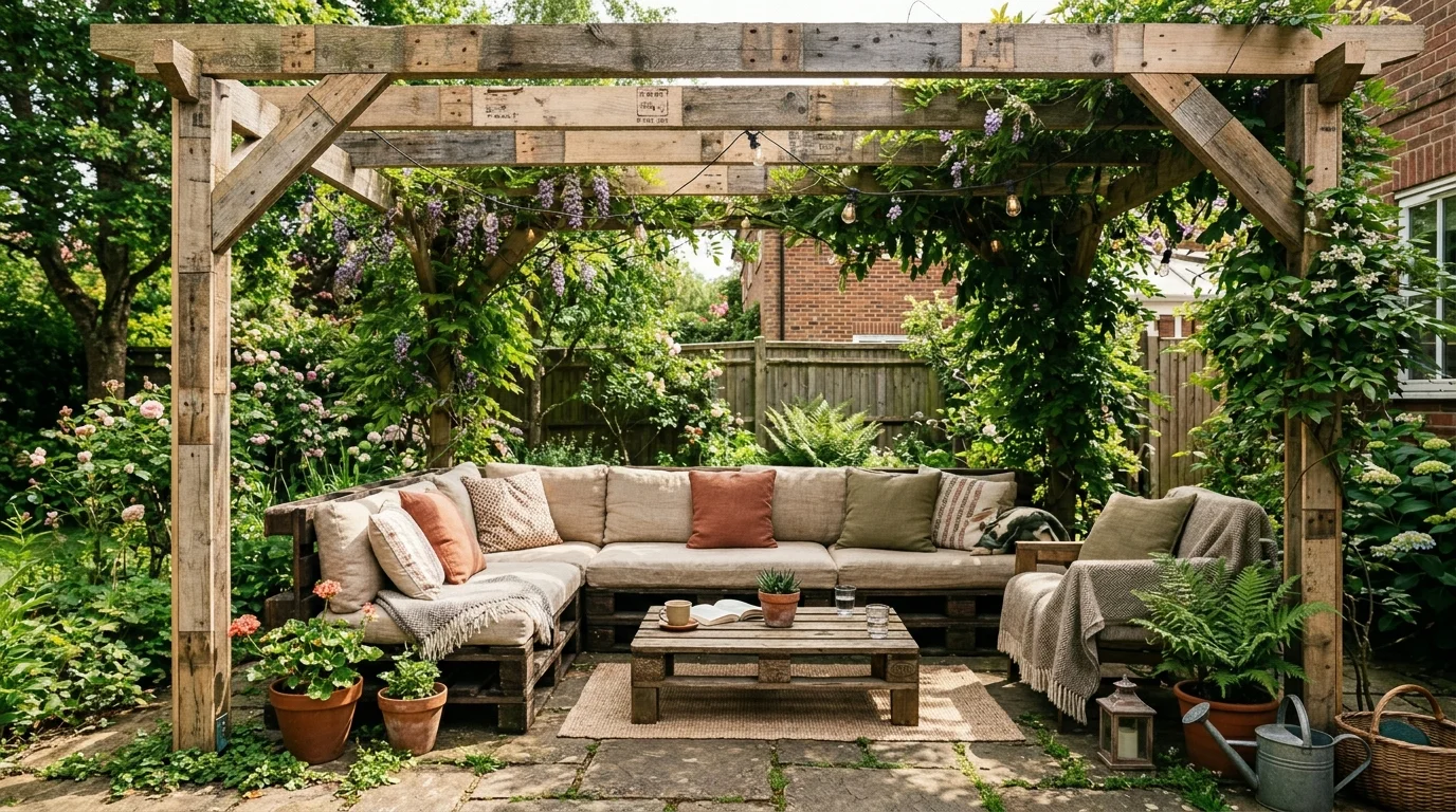 A pallet pergola patio cover creating more structure and shade outdoors.