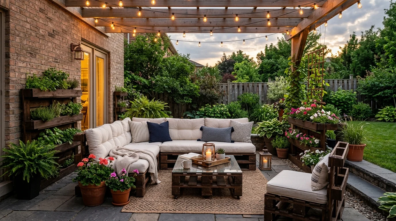 A full pallet patio transformation showing the big payoff of simple wood projects.