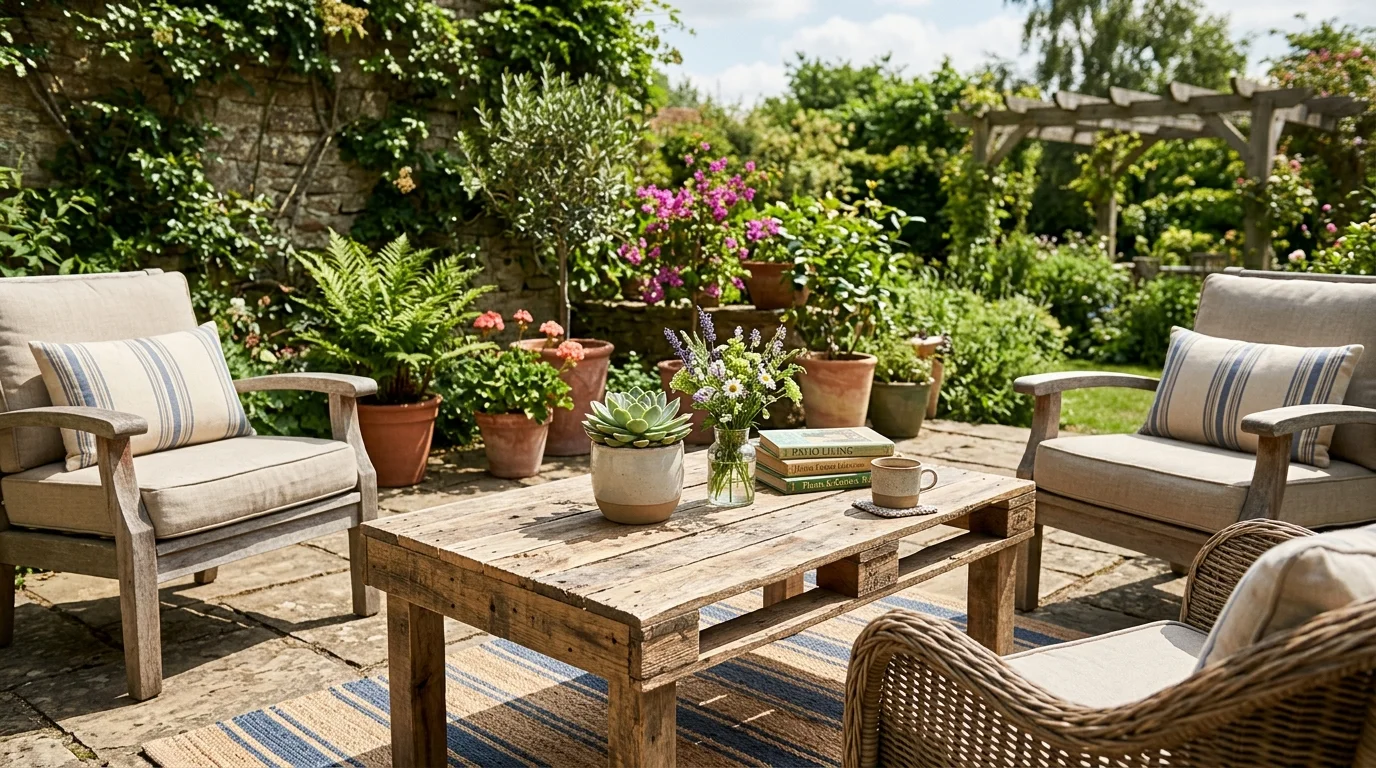 A pallet coffee table centerpiece anchoring an outdoor seating area.
