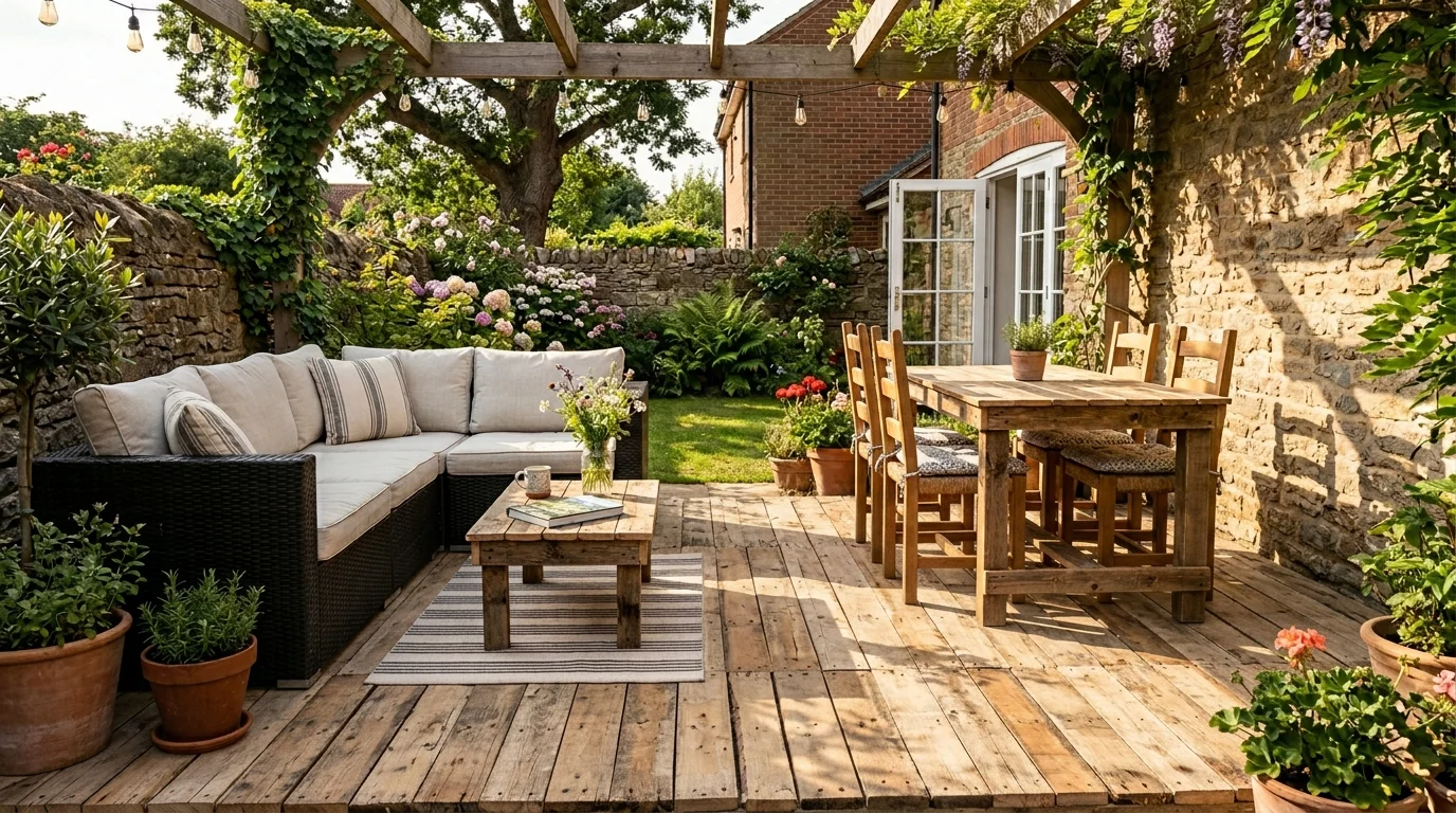 Pallet deck flooring adding warmth and texture to a patio surface.