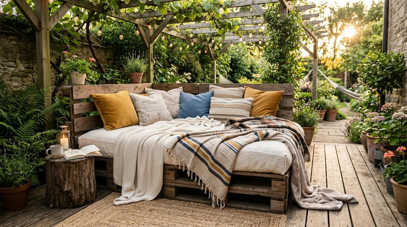 A pallet daybed lounge creating a laid-back outdoor retreat.