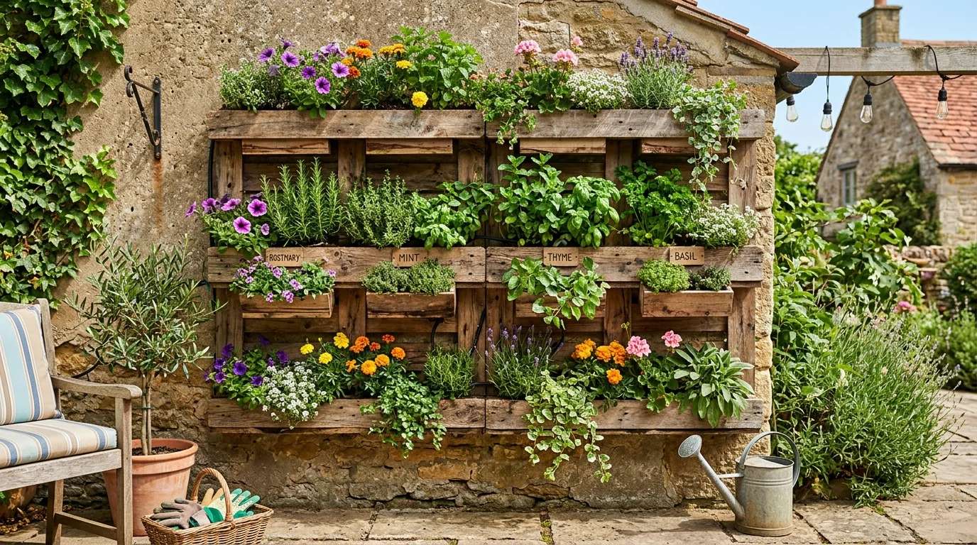 A vertical pallet garden patio wall adding greenery and texture.