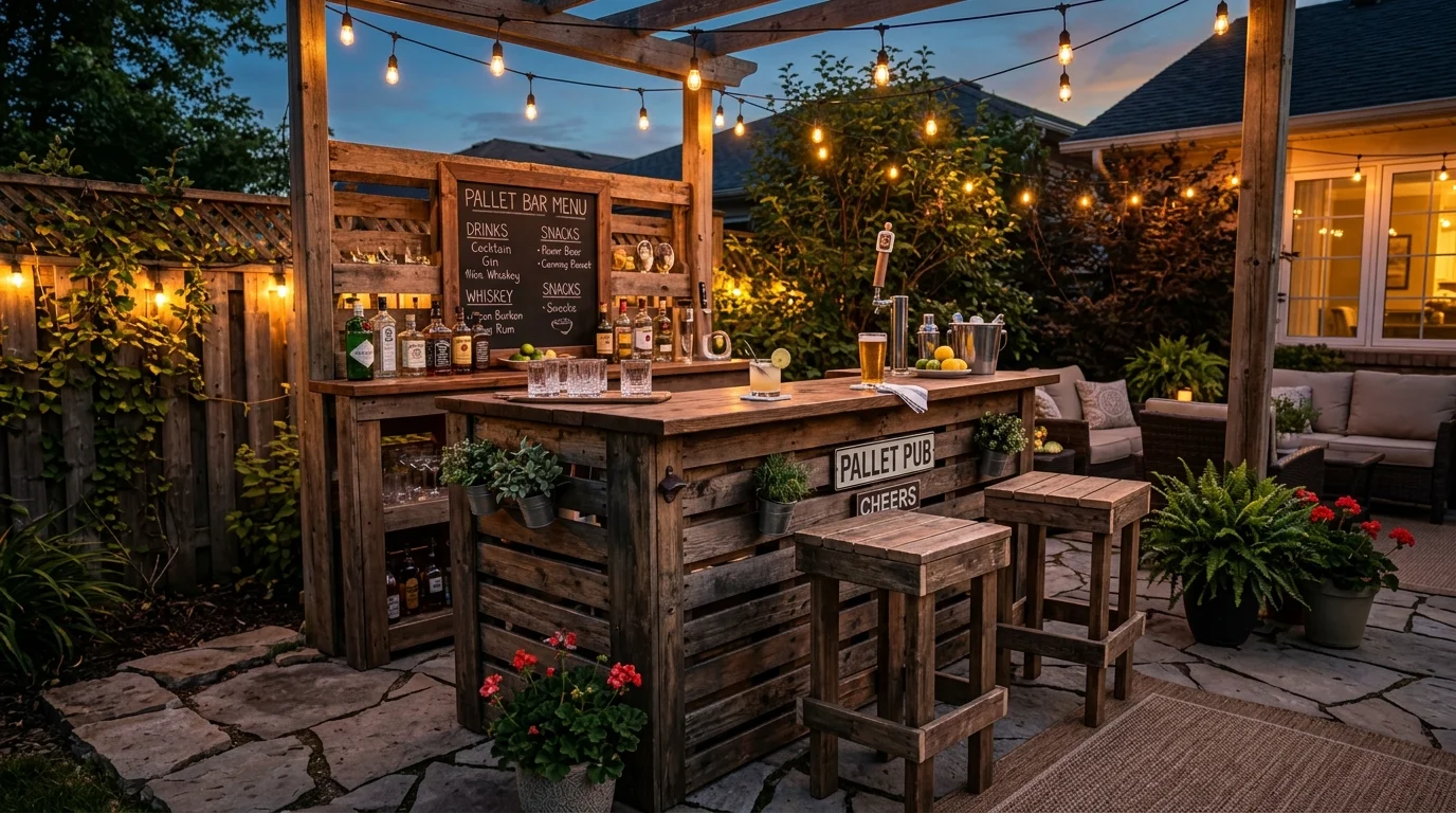 A pallet bar patio setup creating a fun outdoor entertaining feature.