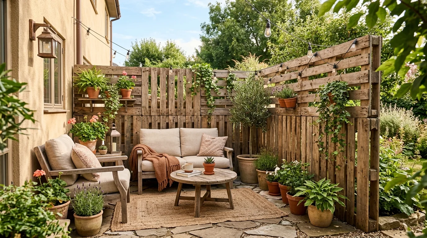 A pallet privacy fence patio adding shelter and definition to the space.
