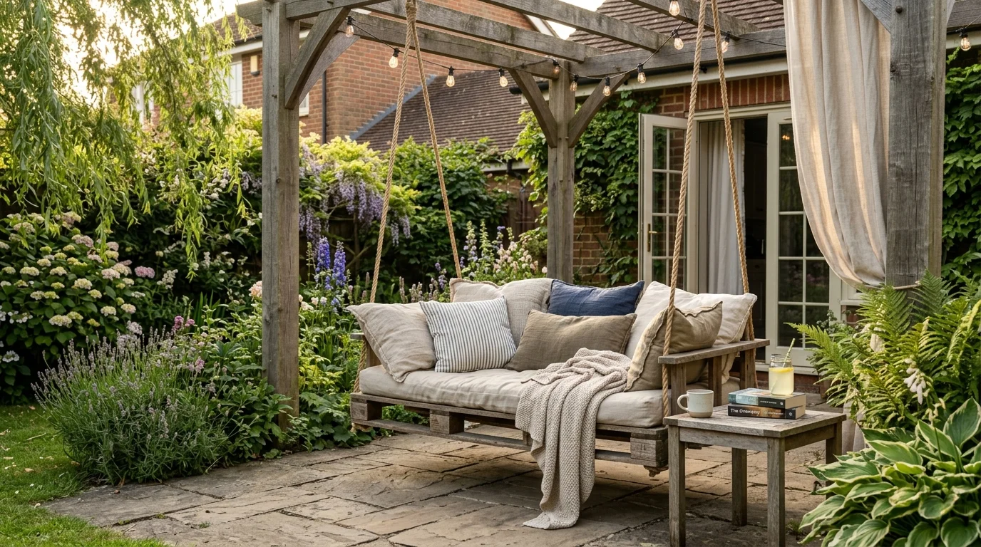 A pallet swing seating area adding charm and movement to a patio.