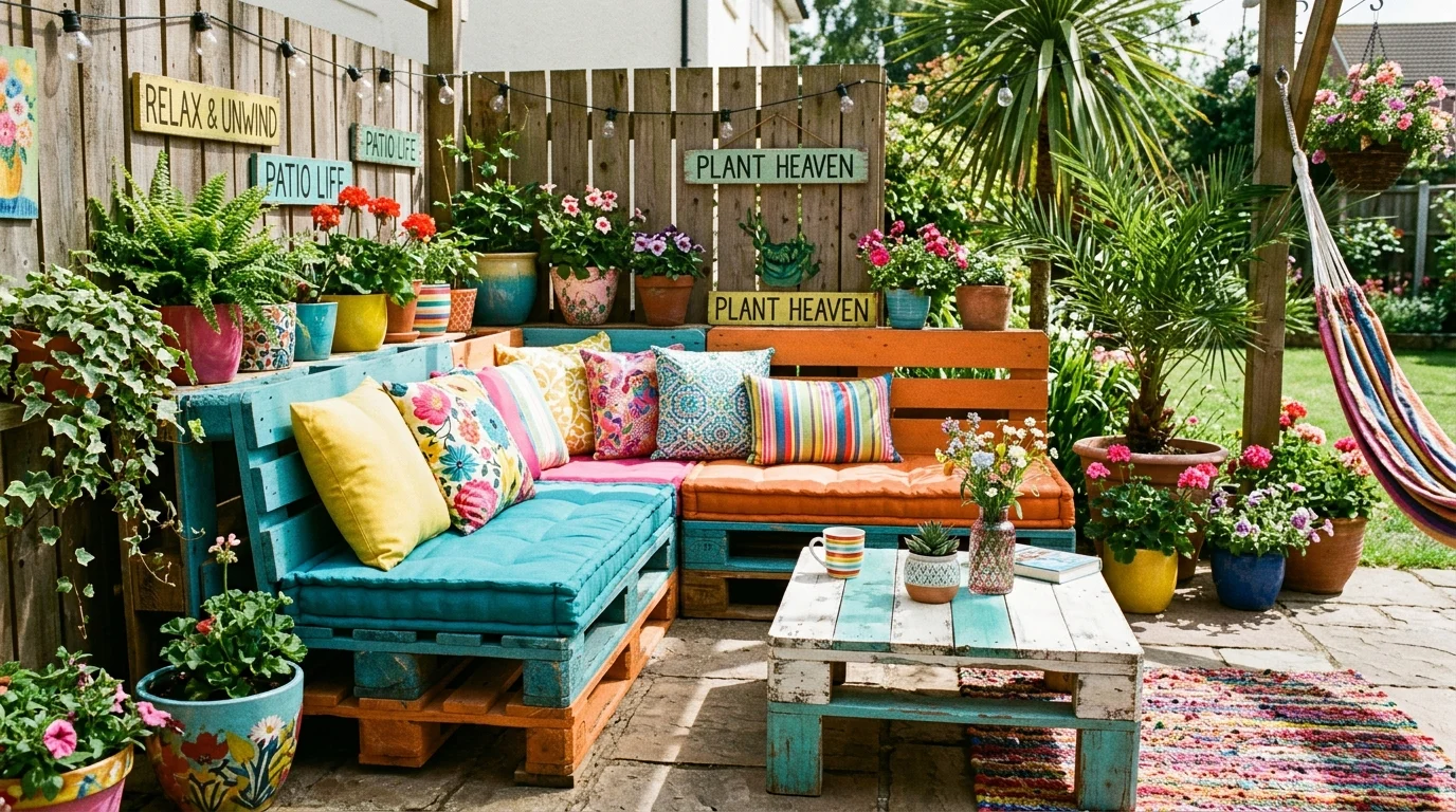 A painted pallet patio design giving simple wood projects more style.
