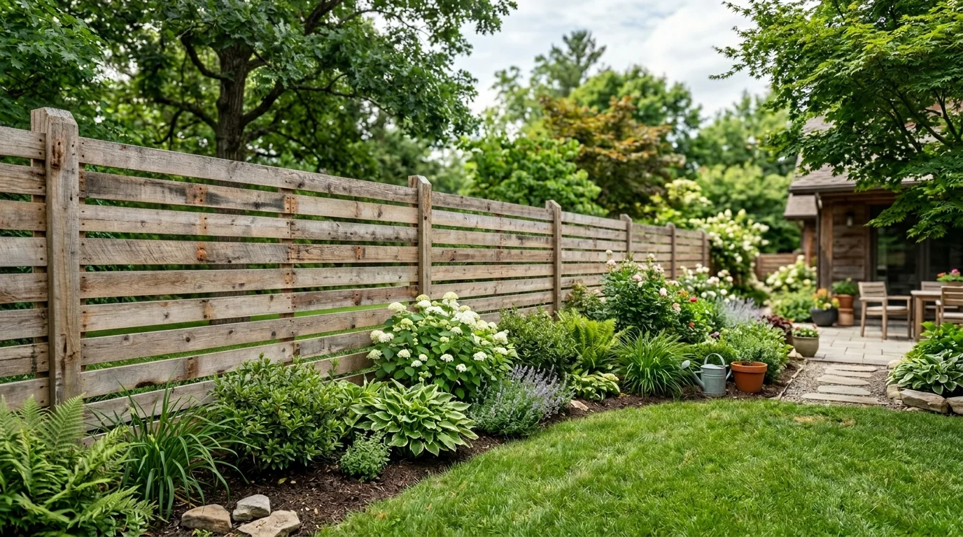 A clean horizontal pallet privacy fence in a stylish backyard.