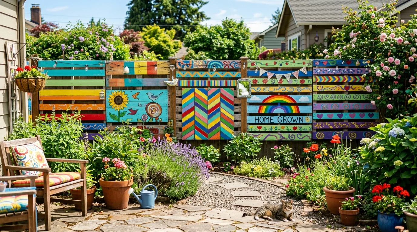 A colorful artistic pallet fence used as a playful backyard feature.