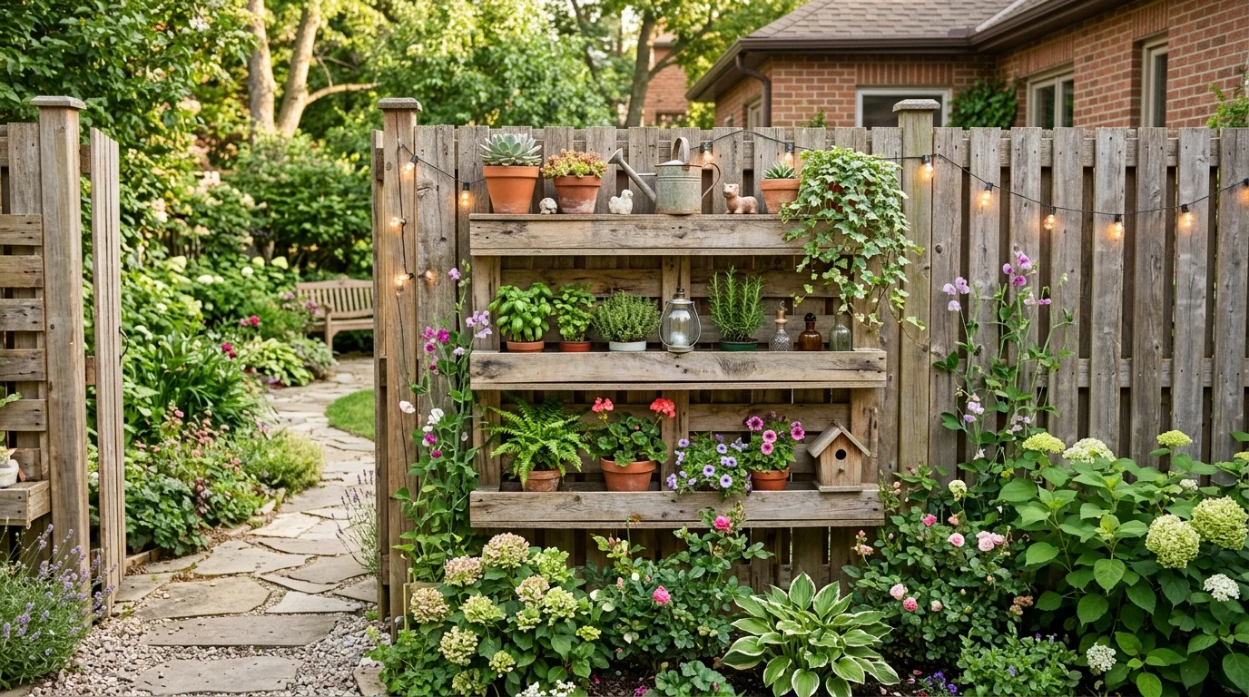 A pallet fence with built-in shelving for plants and outdoor decor.