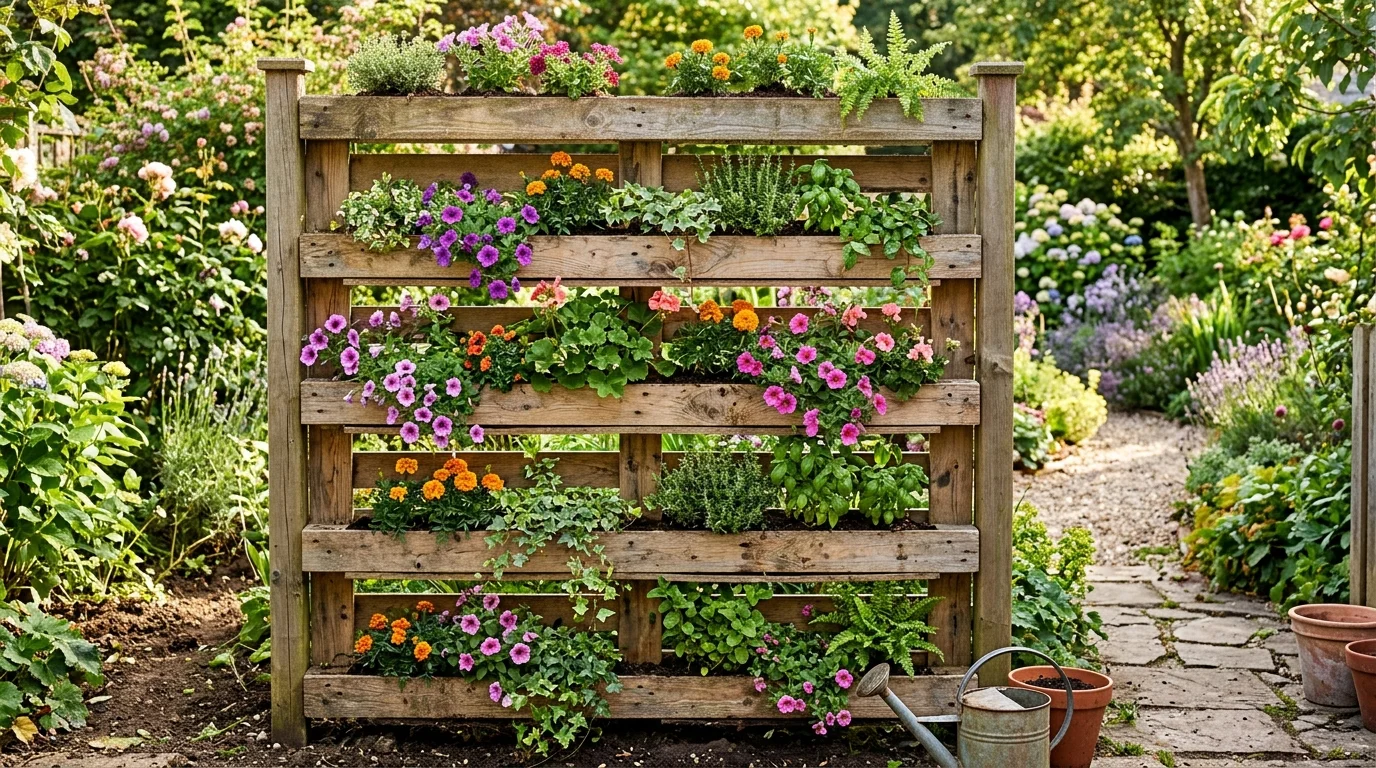 A vertical pallet fence with planters creating a greener privacy screen.