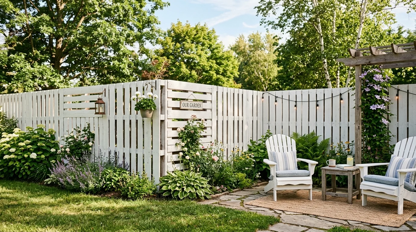 A painted white pallet privacy fence creating a bright and tidy backdrop.