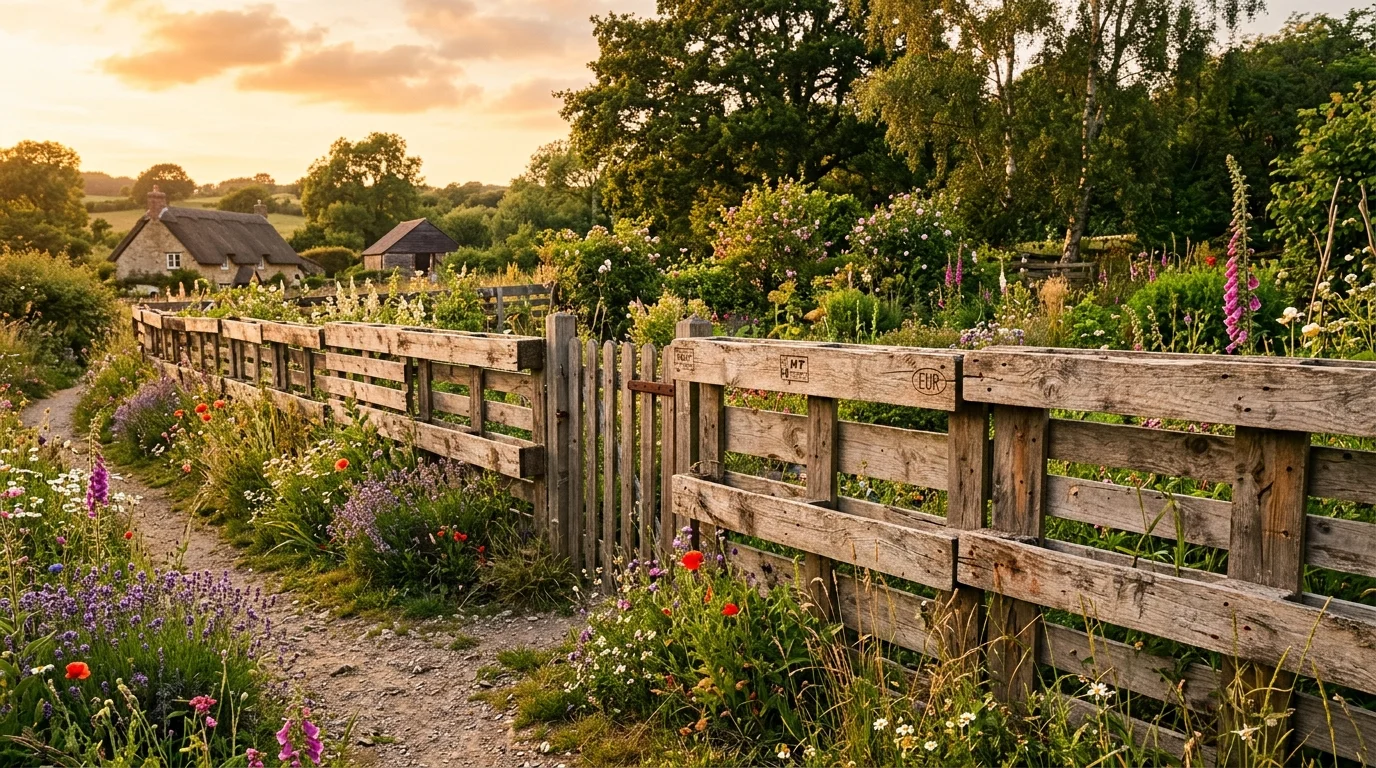 A rustic weathered pallet fence adding natural texture and character.