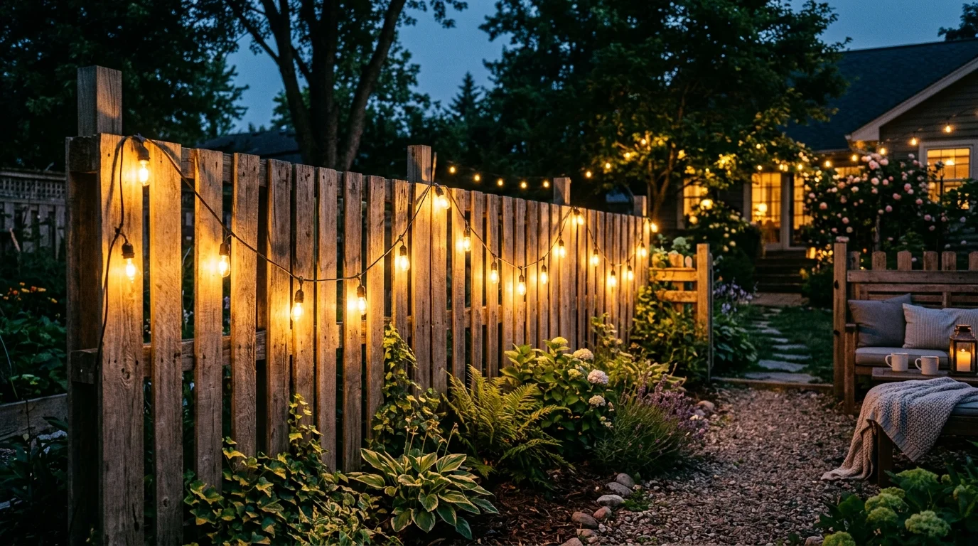 A pallet fence styled with hanging lights for a warm evening backyard look.