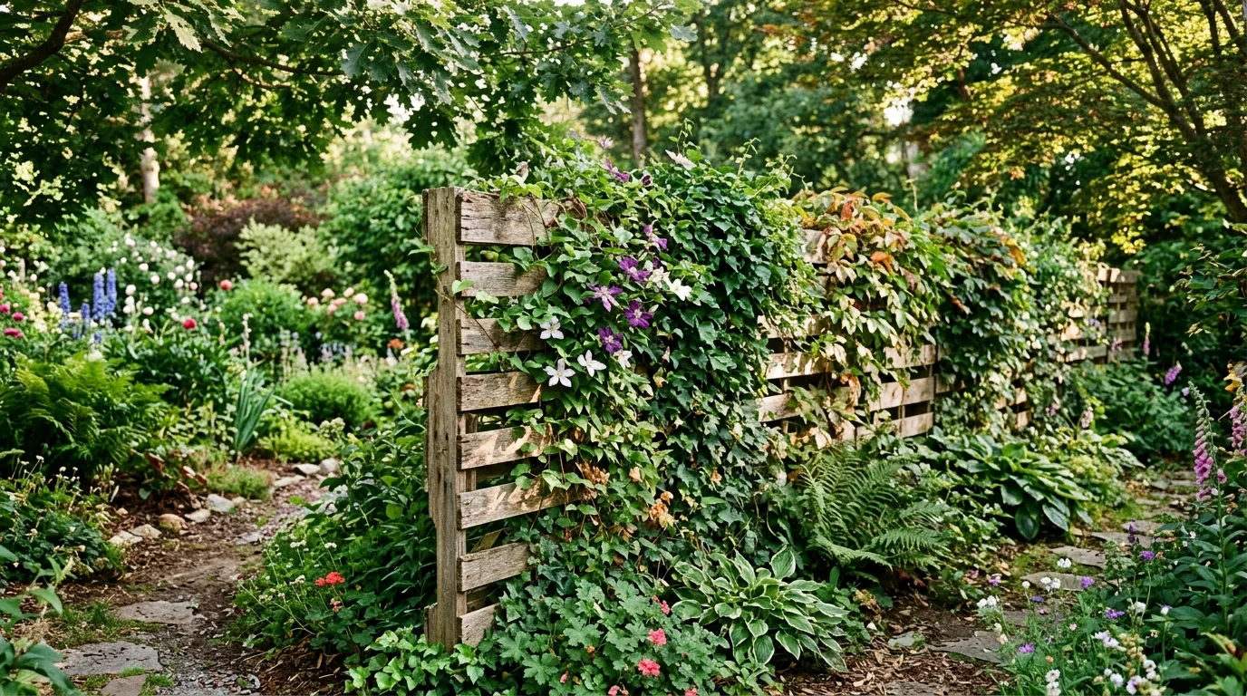 A pallet fence with climbing plants softening the wooden structure.