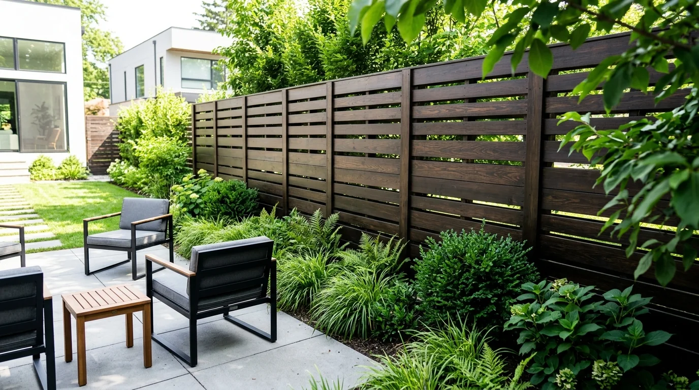 A dark stained modern pallet fence creating a more elevated privacy screen.